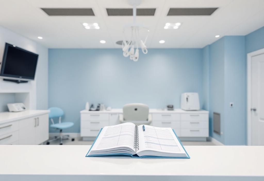 Clínica odontológica organizada com agenda aberta sobre balcão